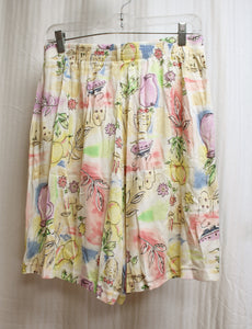 Vintage - Koret Francisca - Flowy Water Color w/ Line Drawing Print Shorts - 27" Unstretched Waist