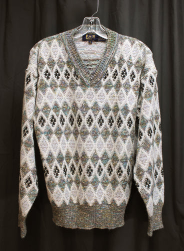Men's Vintage - LR by Le Roy for Men - Multicolor & Gray & White Harlequin V Neck Pullover Sweater - Size M
