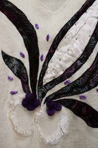 Vintage Carducci - Cream Wool Blend w/ Velvet & Satin Applique & beading Puff Sleeve Sweater - Size S