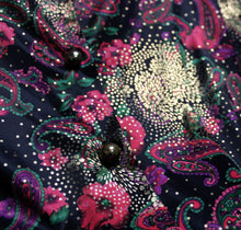 Load image into Gallery viewer, Vintage - Silver Threads- Black &amp; Colorful Floral Paisley w/ Metallic Gold Over Pattern Blouse- Size S