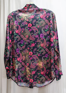 Vintage - Silver Threads- Black & Colorful Floral Paisley w/ Metallic Gold Over Pattern Blouse- Size S