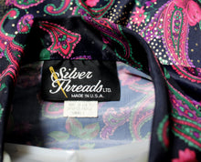 Load image into Gallery viewer, Vintage - Silver Threads- Black &amp; Colorful Floral Paisley w/ Metallic Gold Over Pattern Blouse- Size S