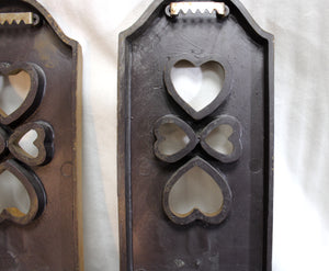 Vintage - Burwood Product Co. - Pair of Heart & tulip Molded Faux Wood Taper Candle Sconces - 15.75"