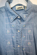 Load image into Gallery viewer, Vintage Northern Reflections- Blue Chambray Delicate Floral Embroidered Cottage Core Button Up- Size M (runs large)