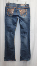 Load image into Gallery viewer, Grace in LA- Boot Cut Blue Jeans w/ Feather Embroidery in Browns- Size 31