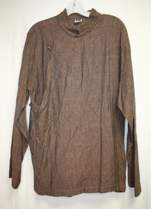 DZI Tibet Collection- Brown Cotton Blend Side Closure Handmade Shirt w/ Brass Lotus Embossed Buttons- Size L