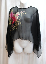Load image into Gallery viewer, Vintage Robbie Bee - 100% Silk Black Sheer Short Poncho w/ Floral &amp; beading - Size 10