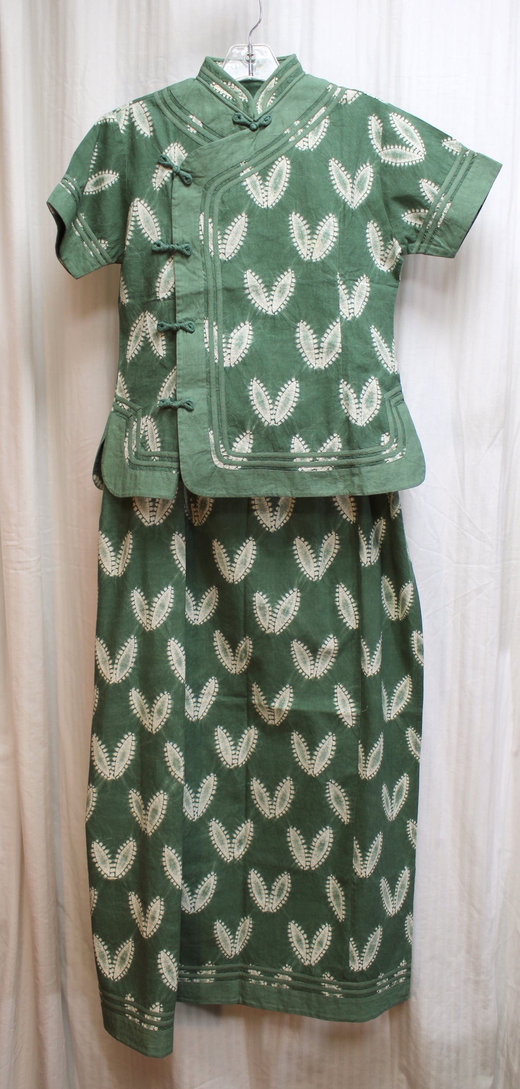 Hand Dyed and Finished Green Wrap Skirt and Asian Inspired w/Frog Closures 2 PC Set - Size L