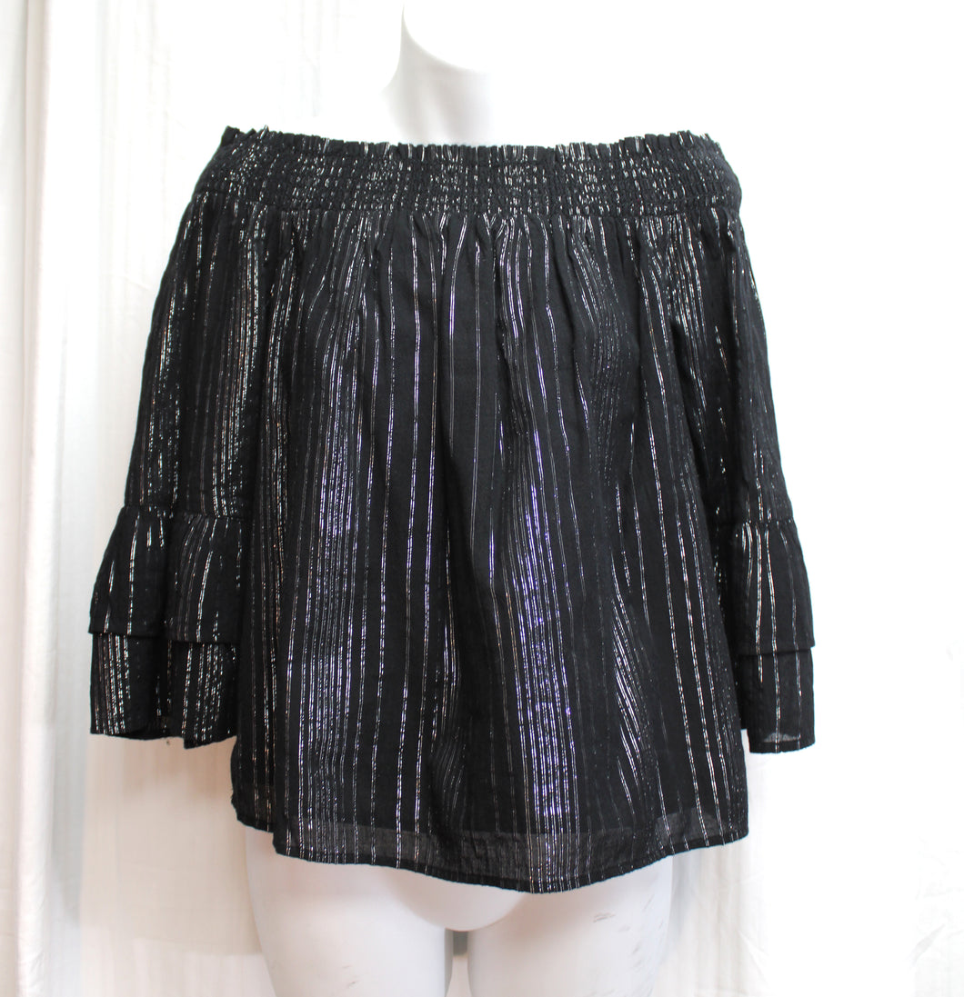 I.N.C. International Concepts - Black w/ Silver Metallic Threads On/Off Shoulder 1/2 Bell Sleeve Top - Size XS