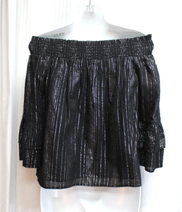 I.N.C. International Concepts - Black w/ Silver Metallic Threads On/Off Shoulder 1/2 Bell Sleeve Top - Size XS